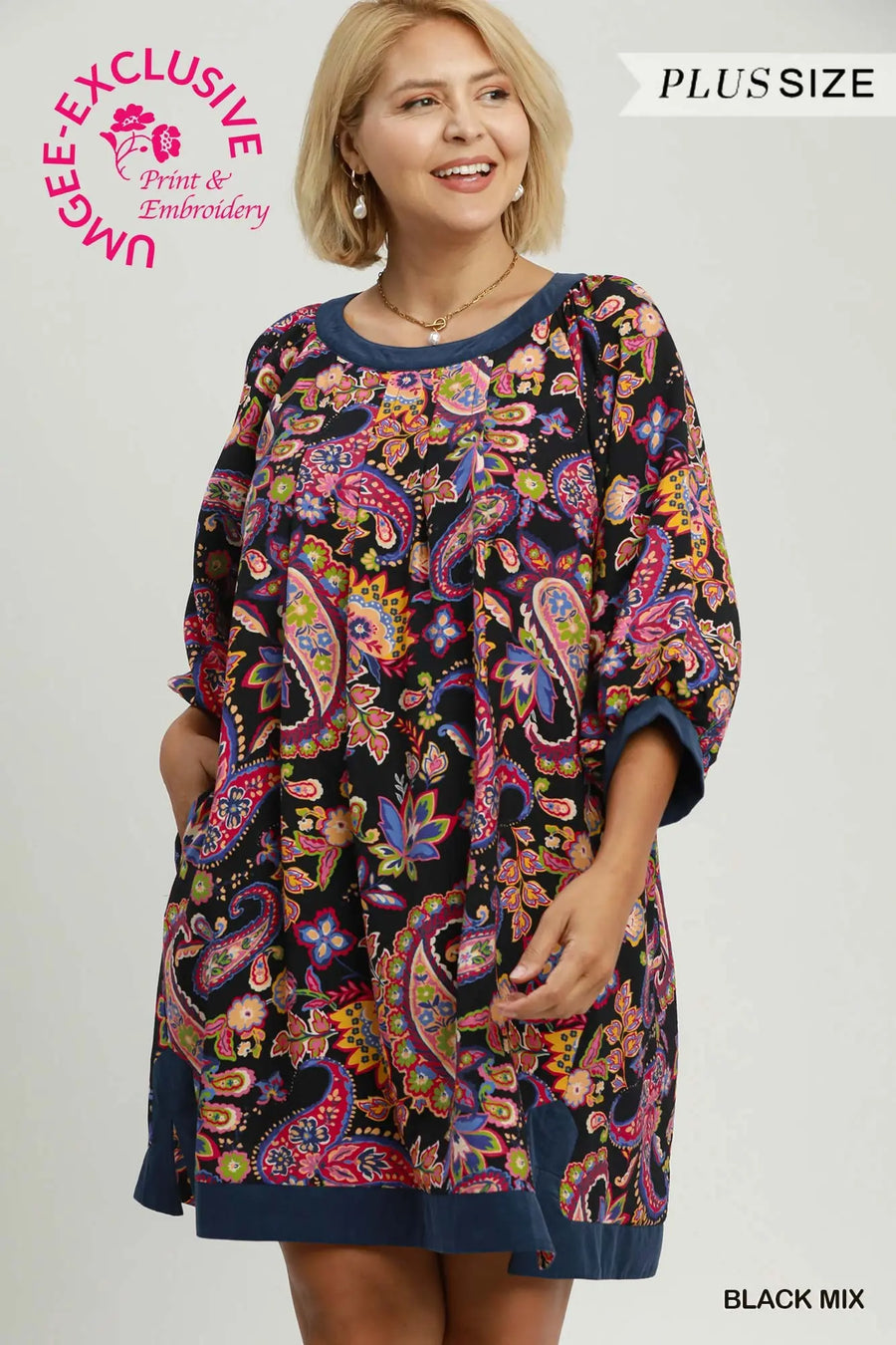 Black Mix Paisley Balloon Sleeve Dress - Plus