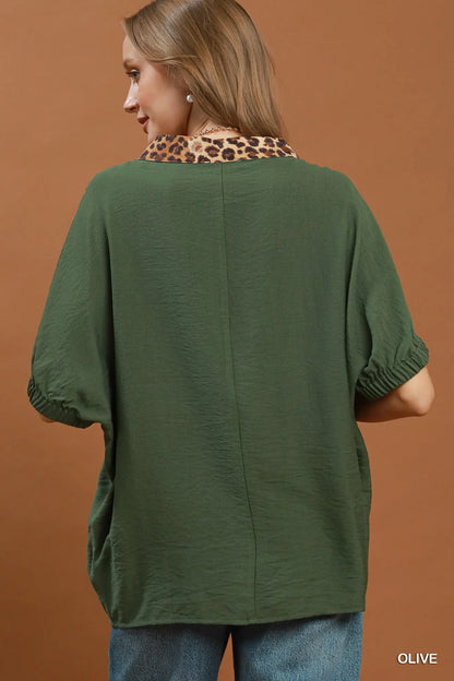 Olive Leopard Trim Dolman Sleeve Top