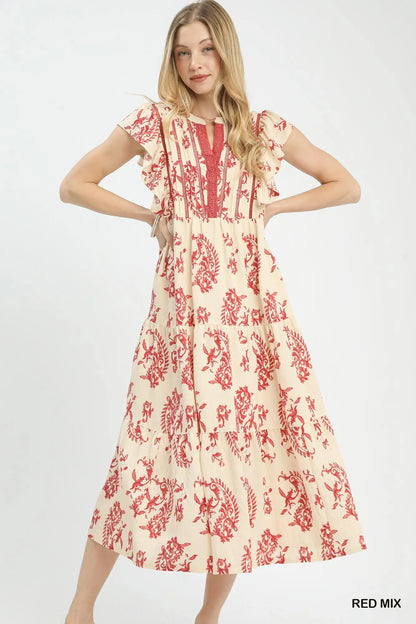 Red Paisley Print Ruffle Sleeve Midi Dress