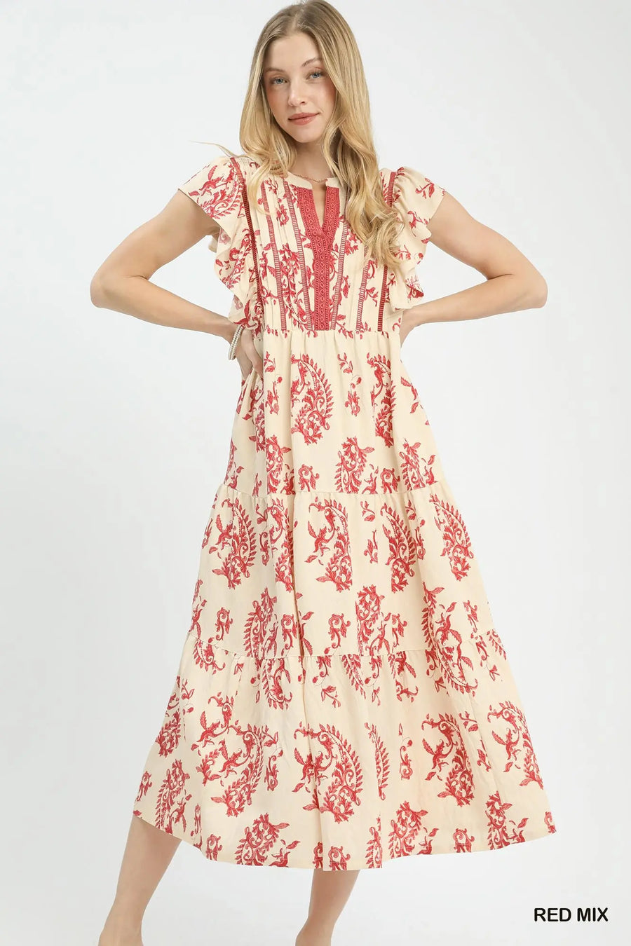 Red Paisley Print Ruffle Sleeve Midi Dress