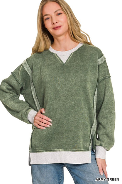 Army Green Washed Contrast Trim Pullover