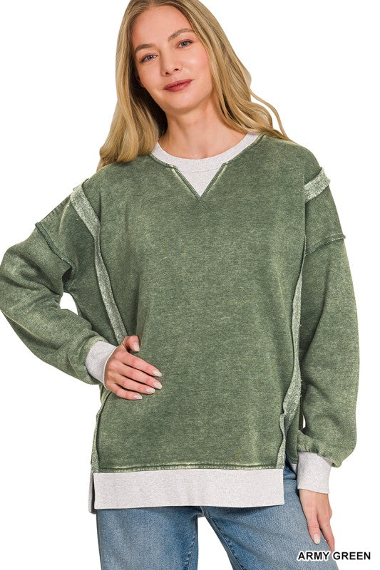 Army Green Washed Contrast Trim Pullover