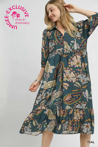 Teal Paisley Tiered Midi Dress