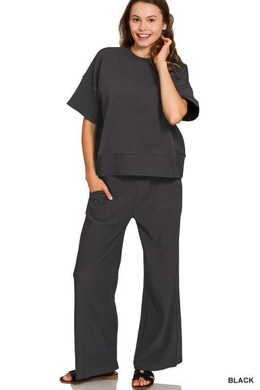 Black Ribbed Round Neck Tee & Pants Set