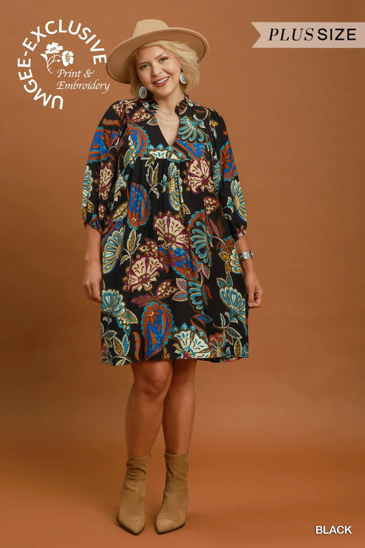 Black Paisley Print Dress - Plus