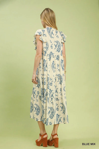 Cream & Blue Paisley Maxi Dress