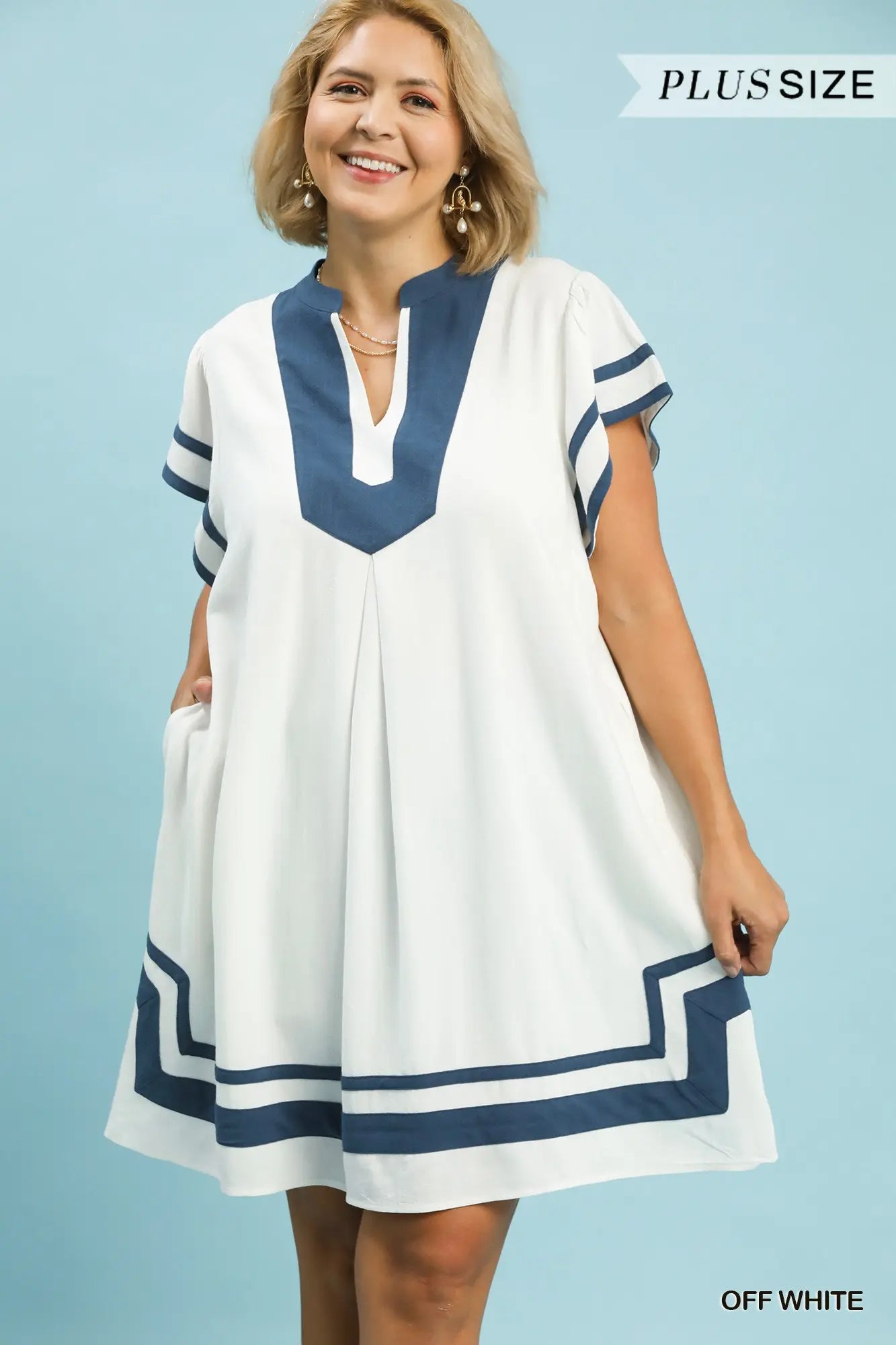 Off White & Blue Linen Dress- Plus