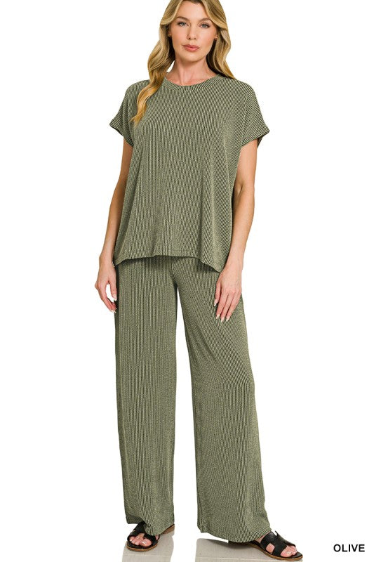 Olive Green Ribbed Relaxed Tee & Pants Set