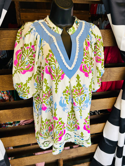 Cream Mix Printed Split Neck Boho Top