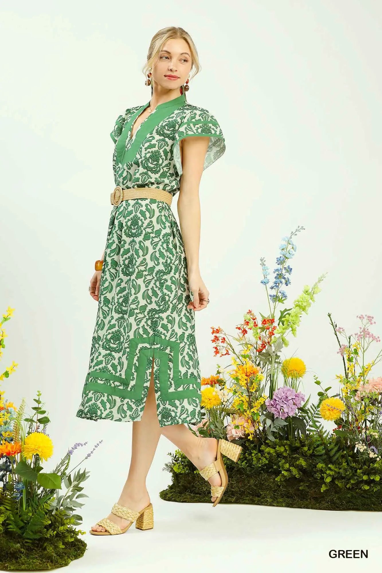 Green Abstract Two Tone Print Midi Dress