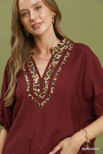 Burgundy Leopard Trim Dolman Sleeve Top