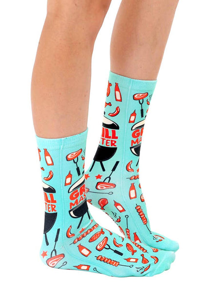 Novelty Graphic Crew Socks - BBQ - "Grill Master" - Aqua