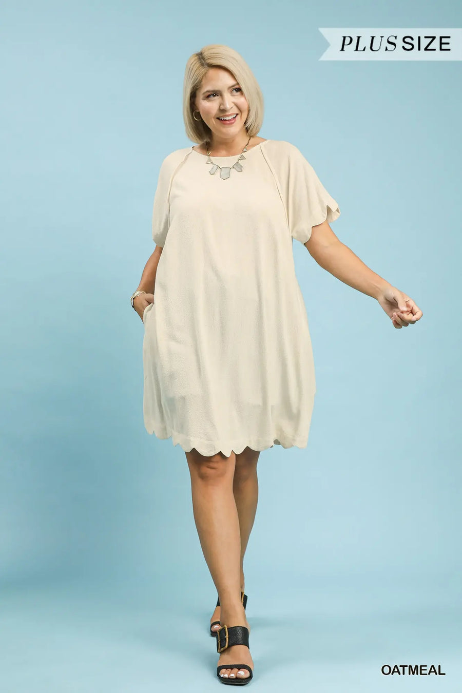 Oatmeal Linen Scalloped Hem Dress- Plus