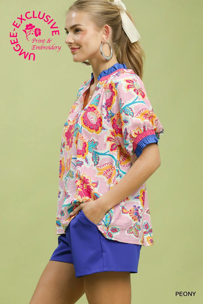 Pink Blue Floral Split Neck Top