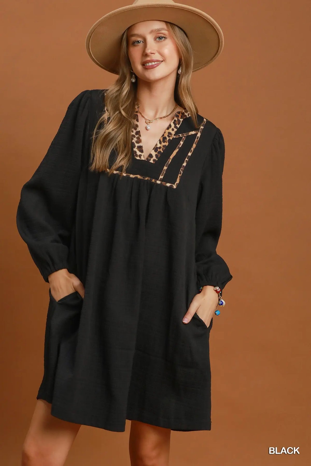 Black Leopard Trim Textured Babydoll Dress