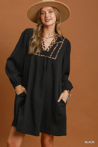 Black Leopard Trim Textured Babydoll Dress