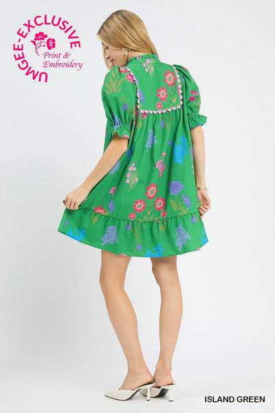 Kelly Green Floral Split Neck Dress