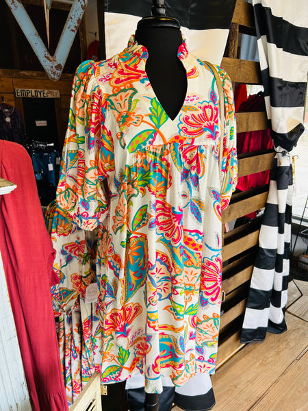 Cream Paisley Split Neck Dress