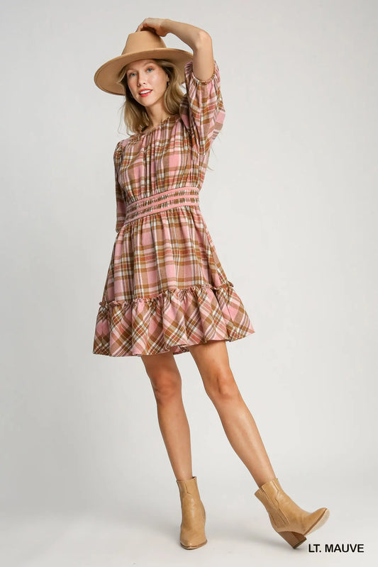 Pink & Tan Plaid Round Neck Dress
