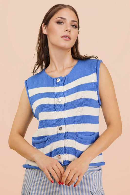 Blue Stripe Button Down Sweater Top