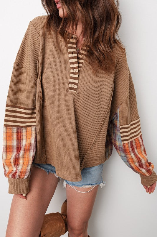 Fall Plaid Waffle Henley Top