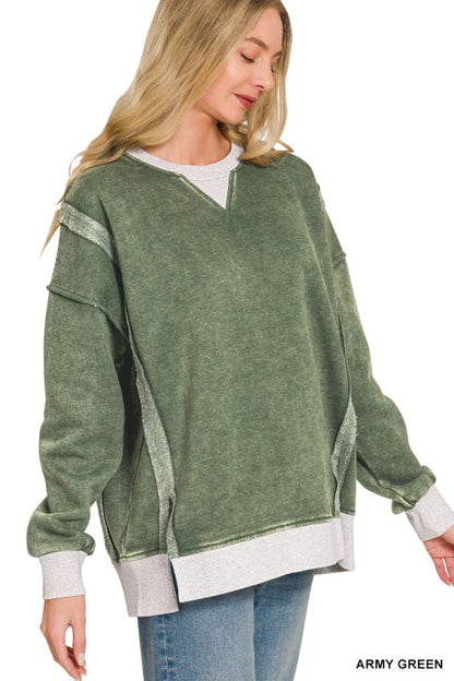 Army Green Washed Contrast Trim Pullover