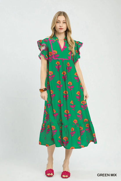 Green Floral Ruffle Trim Tiered Maxi Dress