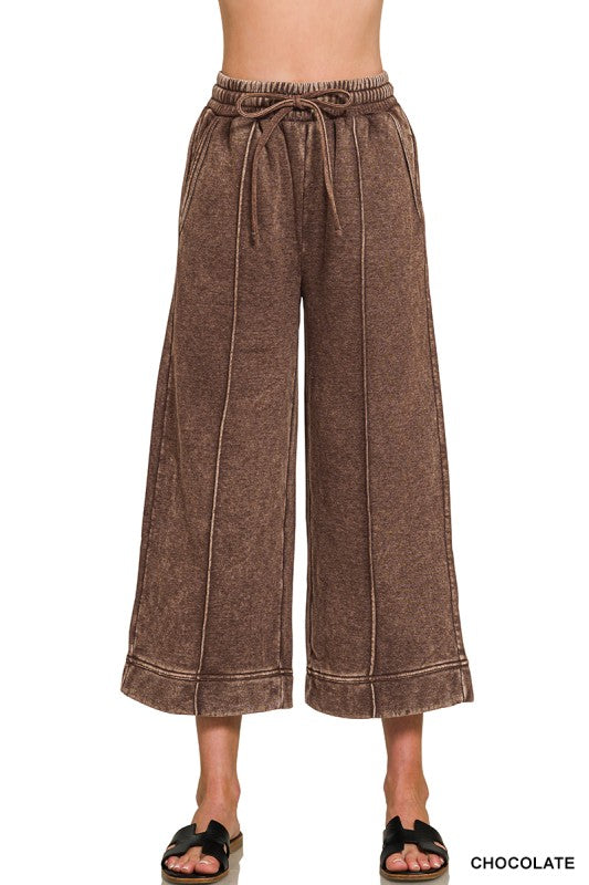 Brown Washed Pintuck Wide Leg Cropped Pants