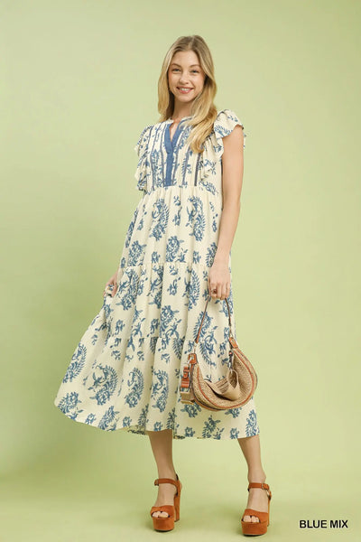 Cream & Blue Paisley Maxi Dress