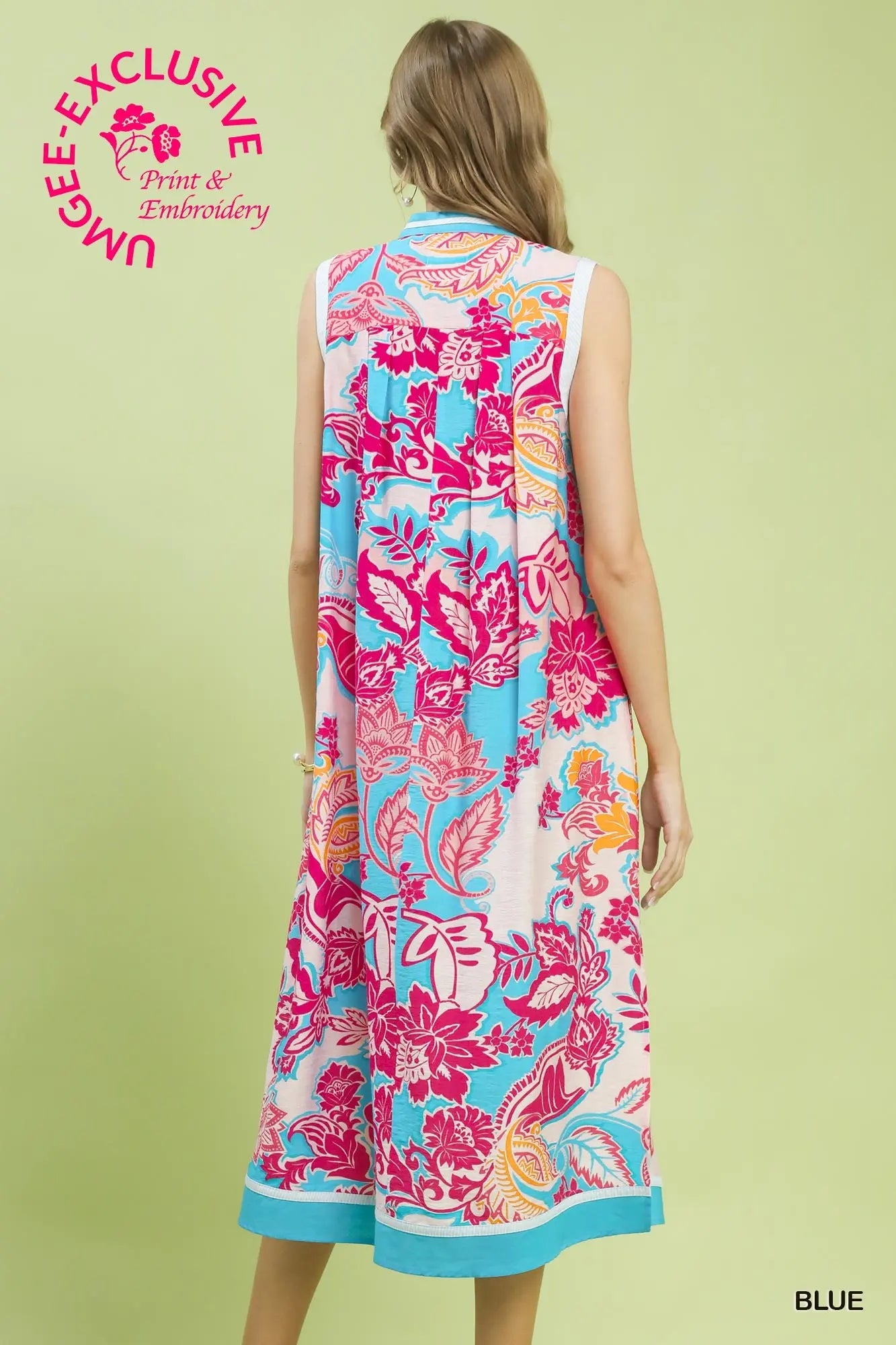 Blue & Pink Floral Sleeveless Midi Dress