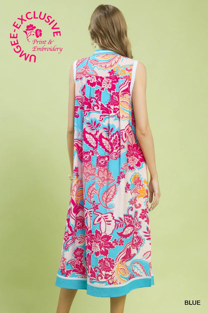 Blue & Pink Floral Sleeveless Midi Dress