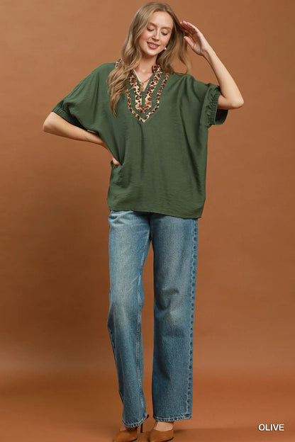 Olive Leopard Trim Dolman Sleeve Top