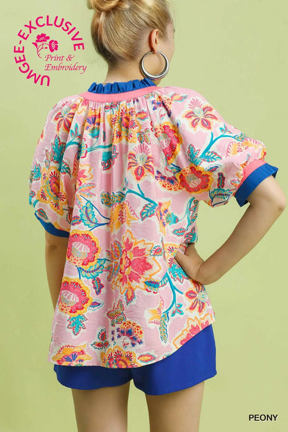 Pink Blue Floral Split Neck Top
