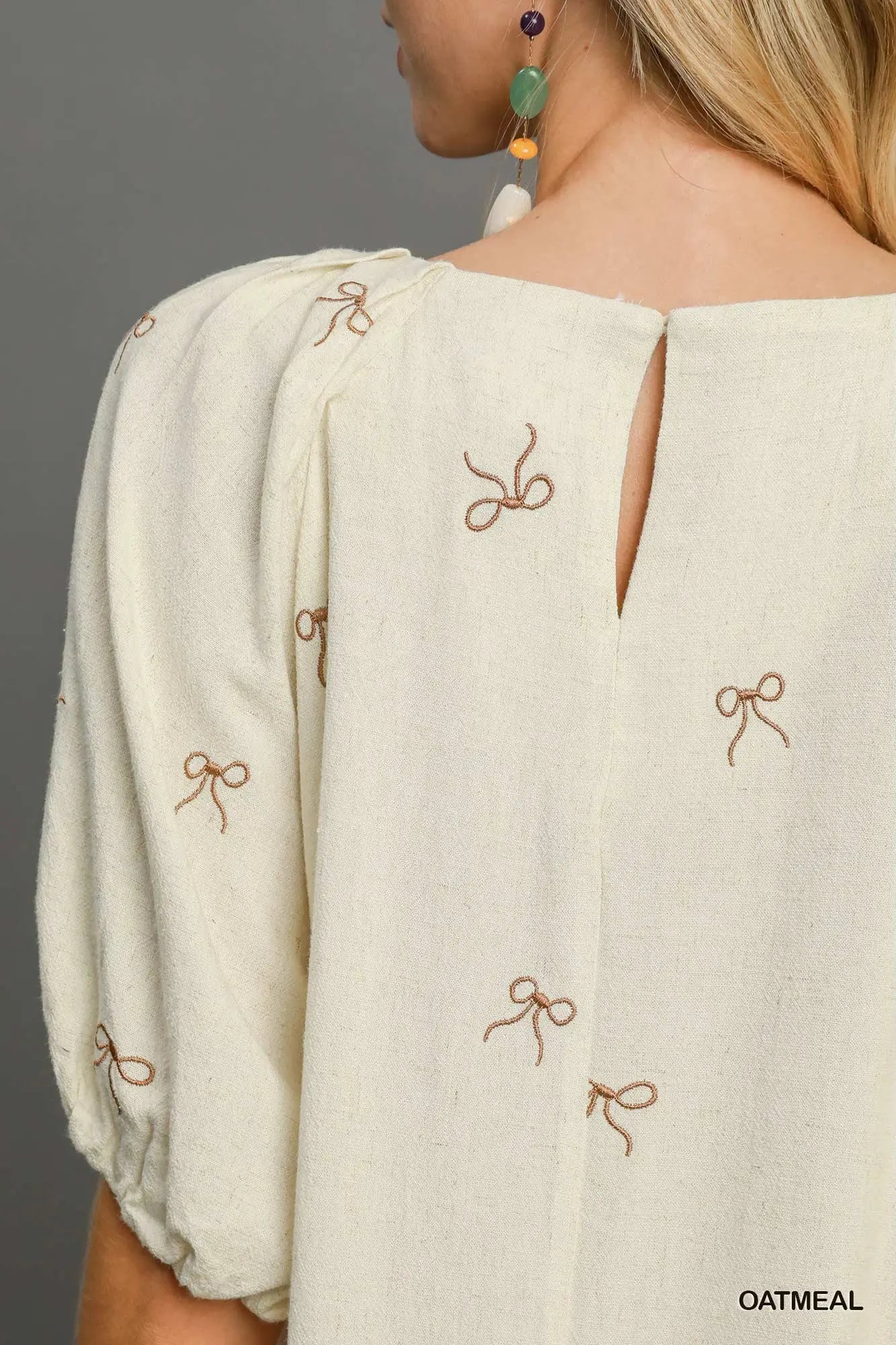 Oatmeal Linen Embroidered Bow Dress