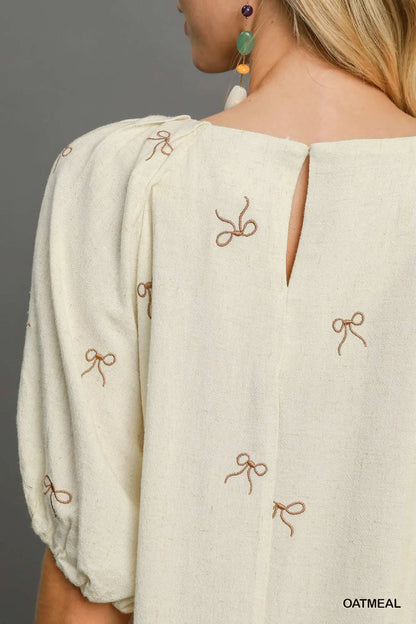Oatmeal Linen Embroidered Bow Dress
