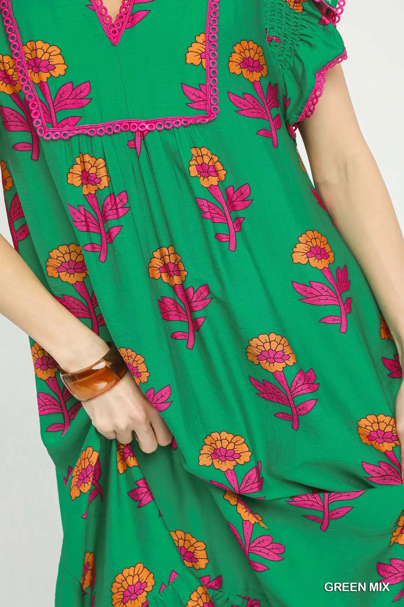 Green Floral Ruffle Trim Tiered Maxi Dress