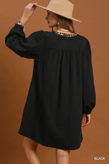 Black Leopard Trim Textured Babydoll Dress
