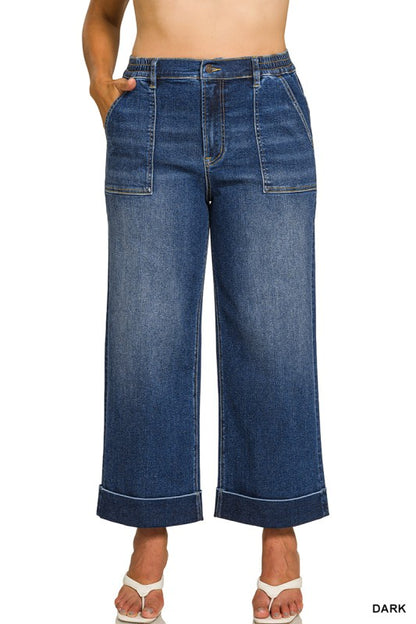 Dark Wash Utility Pocket Cropped Denim Jeans -Plus