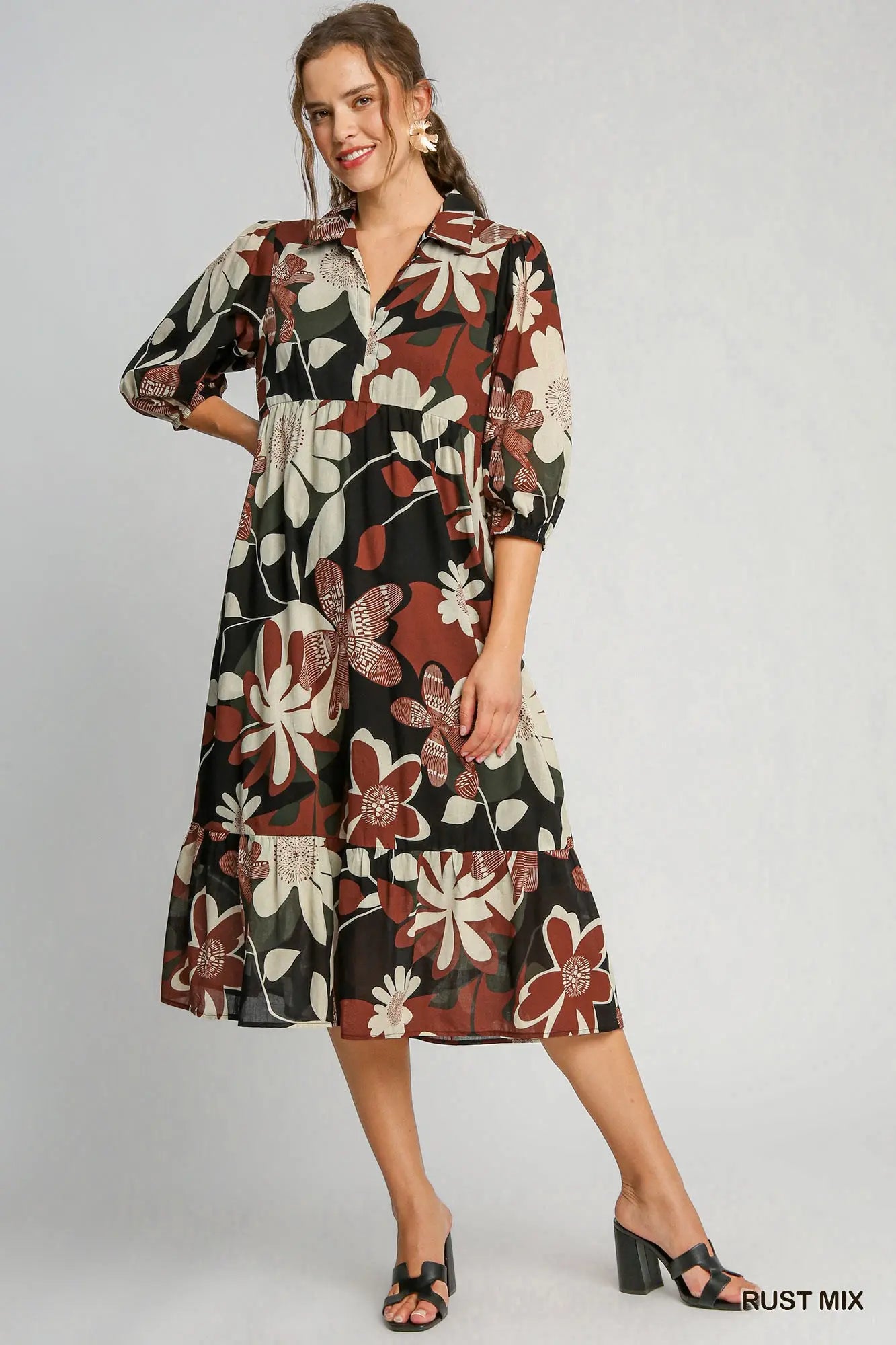 Rust Mix Floral Abstract Print Tiered Dress