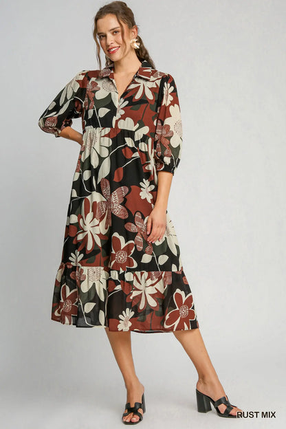 Rust Mix Floral Abstract Print Tiered Dress