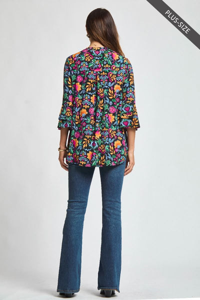 Black Multi Floral Bell Sleeve Top - Plus