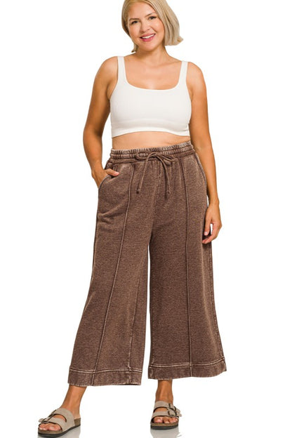 Brown Washed Pintuck Wide Leg Cropped Pants - Plus