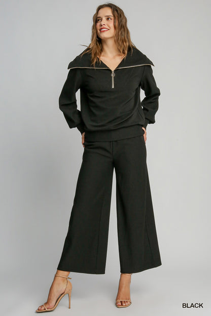 Black Ribbed Knit Straight Leg Pants