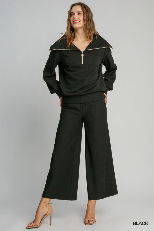 Black Ribbed Knit Straight Leg Pants