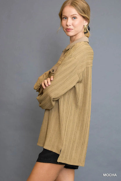 Mocha Textured Half Button Down Top