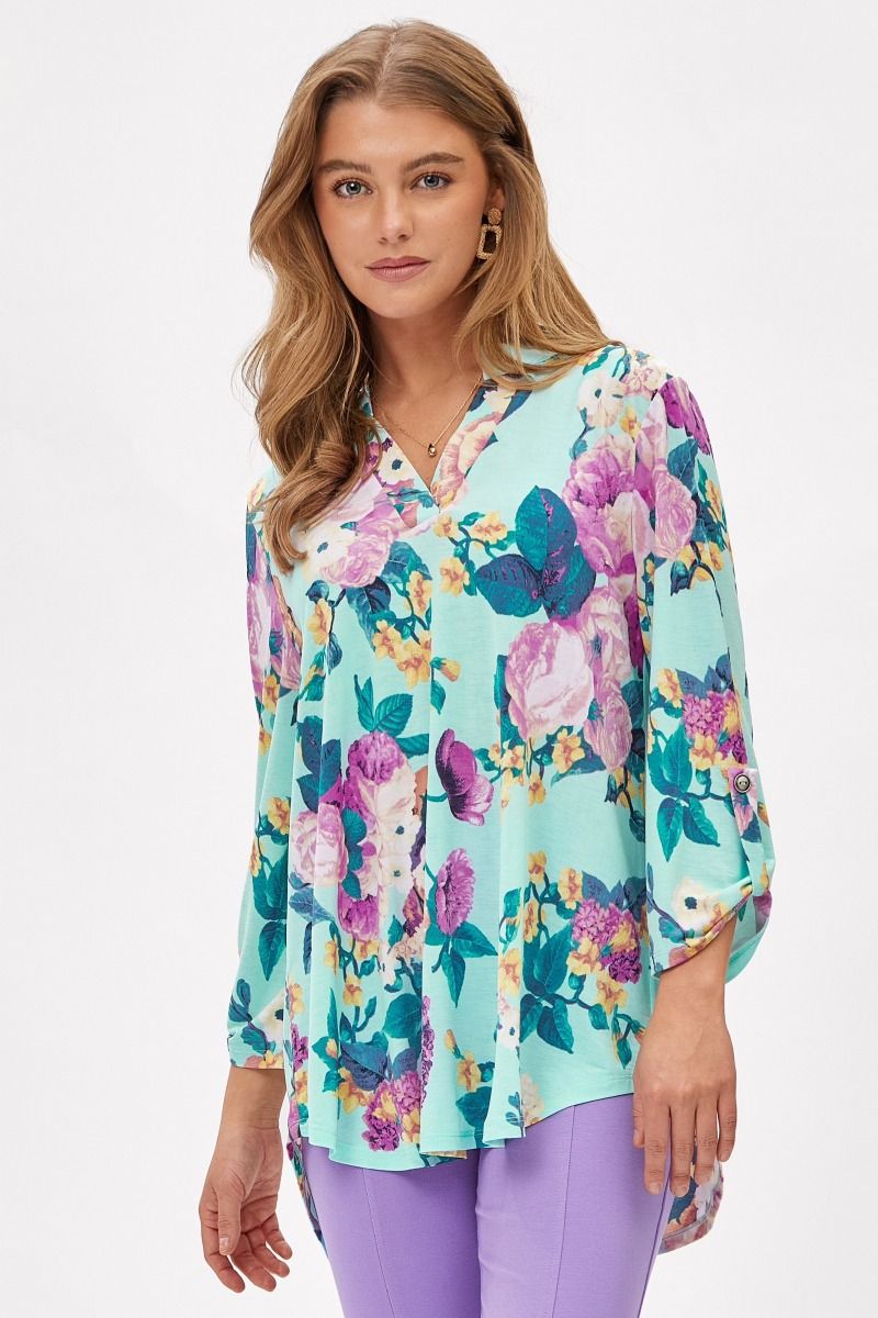 Mint & Purple Floral 3/4 Sleeve Top