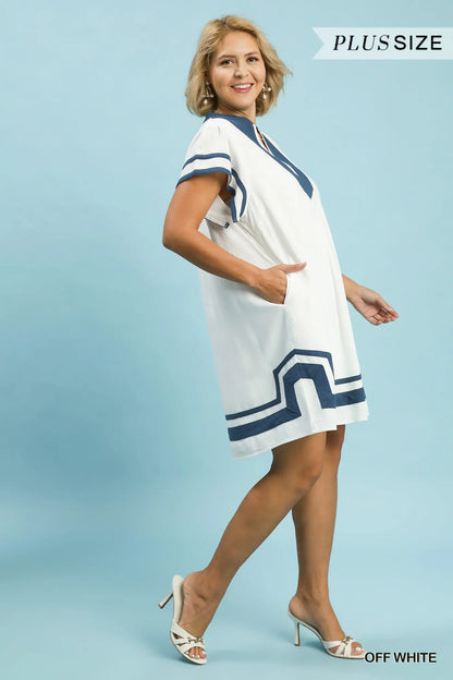 Off White & Blue Linen Dress- Plus