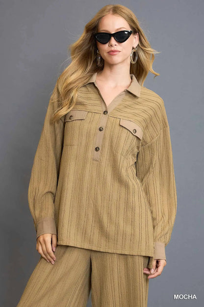 Mocha Textured Half Button Down Top