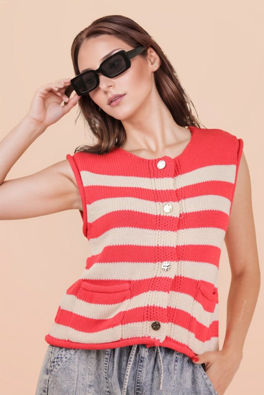 Red Stripe Button Down Sweater Top