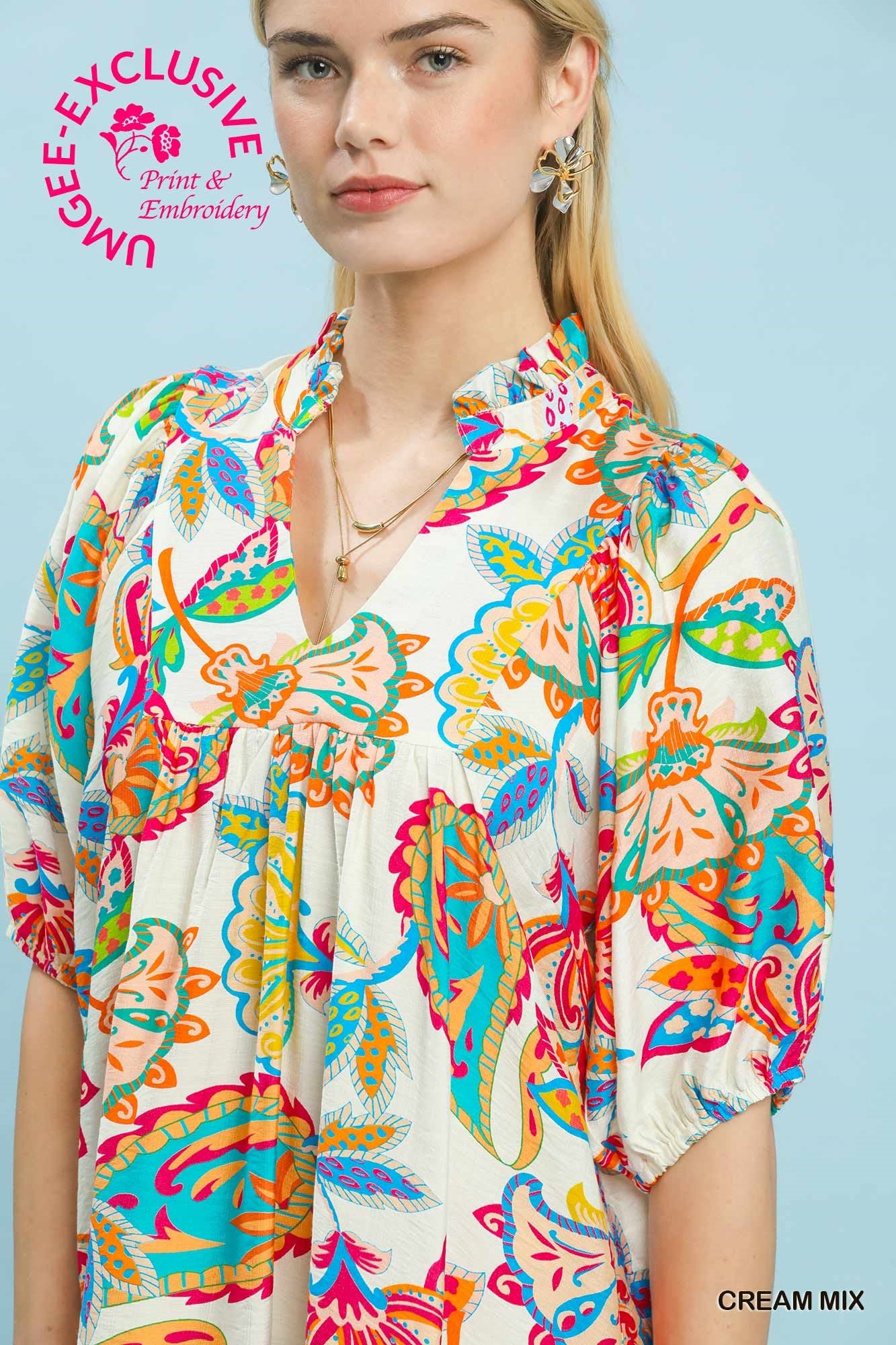Cream Paisley Split Neck Dress
